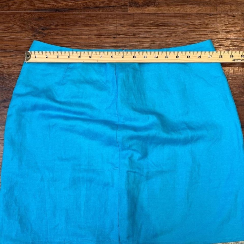 Vintage Turquoise‎ Linen Blend Midi Skirt floral Sequins Embroidered Trim Ruffle - Picture 3 of 6